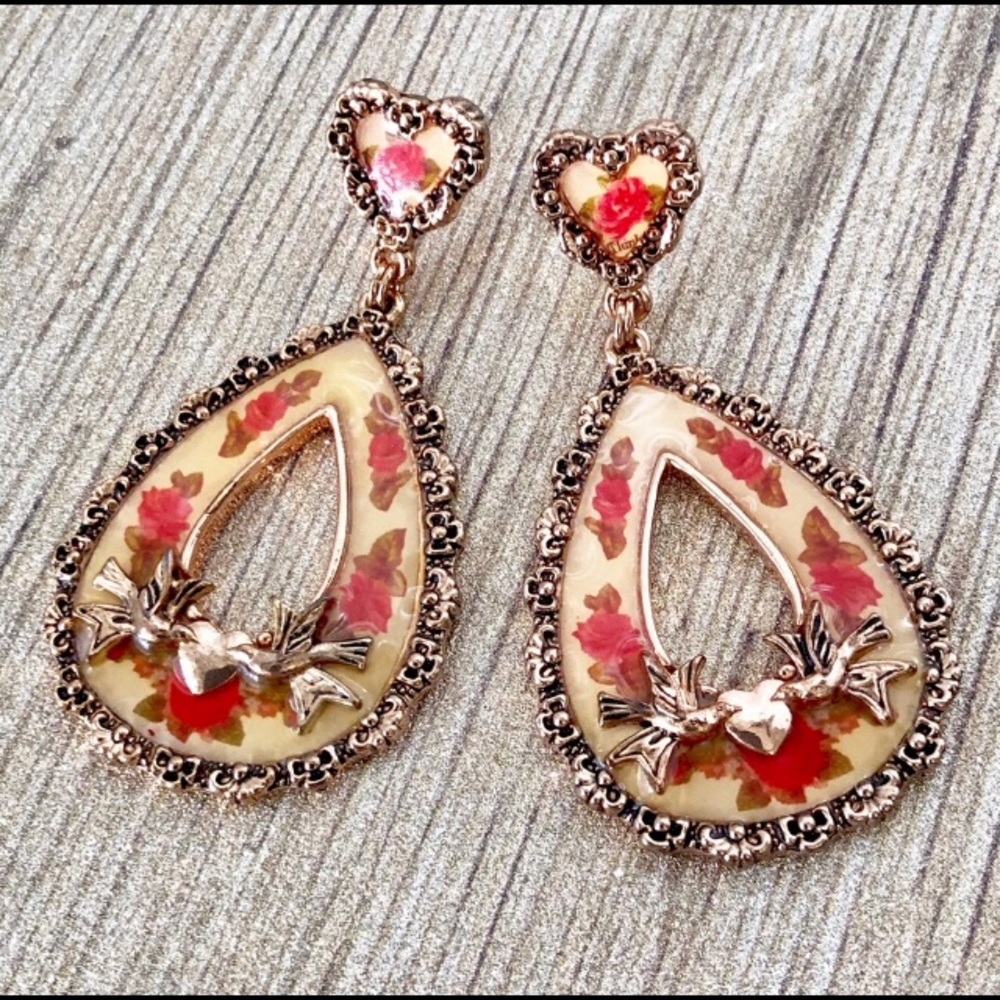 Betsey Johnson Vintage Rose Love Birds Earrings